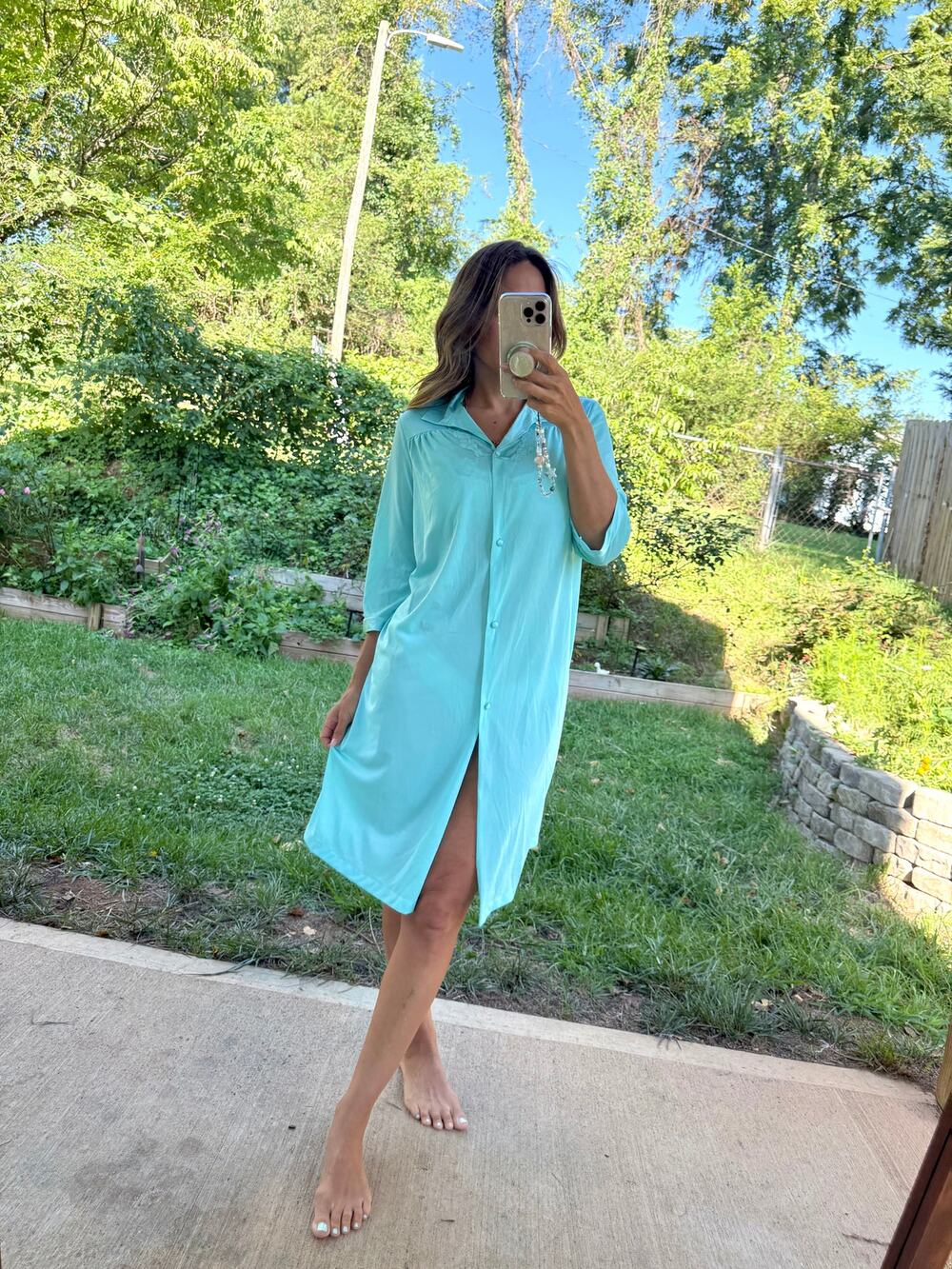 Vintage Tiffany Blue Lace Trim House Dress / Retro Sleepwear